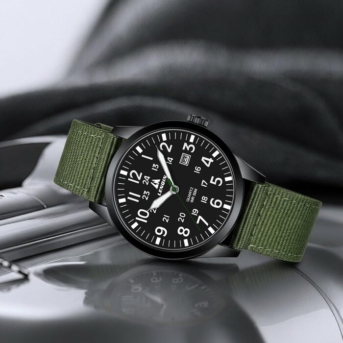 Годинник чоловічий LN LENQIN аналоговий кварцовий на текстильному ремінці, водостійкий 30M, з датою (зелений, чорний)