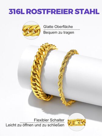 Набір браслетів для чоловіків Richsteel з нержавіючої сталі, 3 шт., чорний/сталь/золотий, 9/8/4 мм, довжина 19/21/23 см, для подарунка