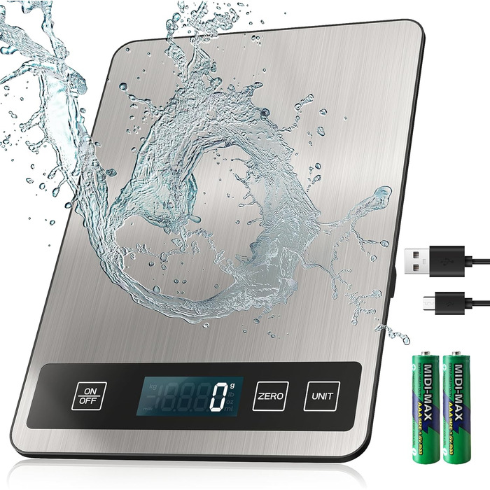 Кухонні ваги цифрові, USB-C, 15 кг, точність 1 г, харчові, професійні, срібні
