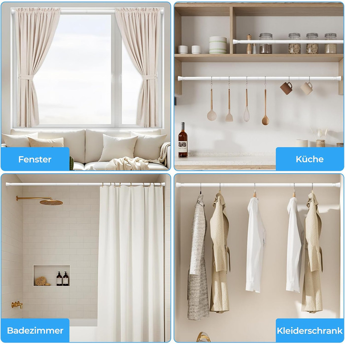 Штанга для штор без свердління 113-196 см, телескопічна, для ванної, вікна, кухні, шафи, біла (1 шт.)