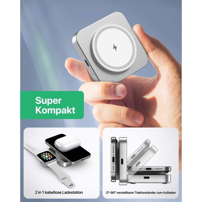 Бездротова зарядка MagSafe для Apple Watch та iPhone, сумісна з iPhone 16/15/14/13/12, iWatch, AirPods Pro 3/2 (срібна)