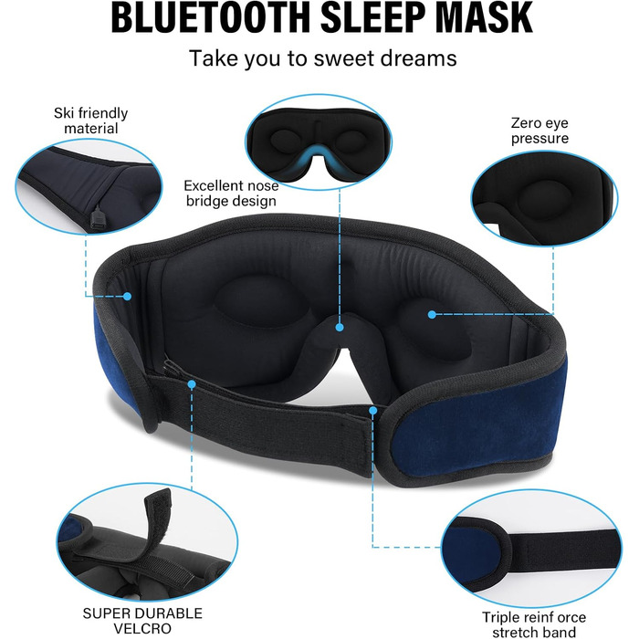 Маска для сну з Bluetooth-навушниками, 3D маска для сну, бездротова музична маска для сну для тих, хто спить на боці/спині, навушники для сну (Глибокий синій)