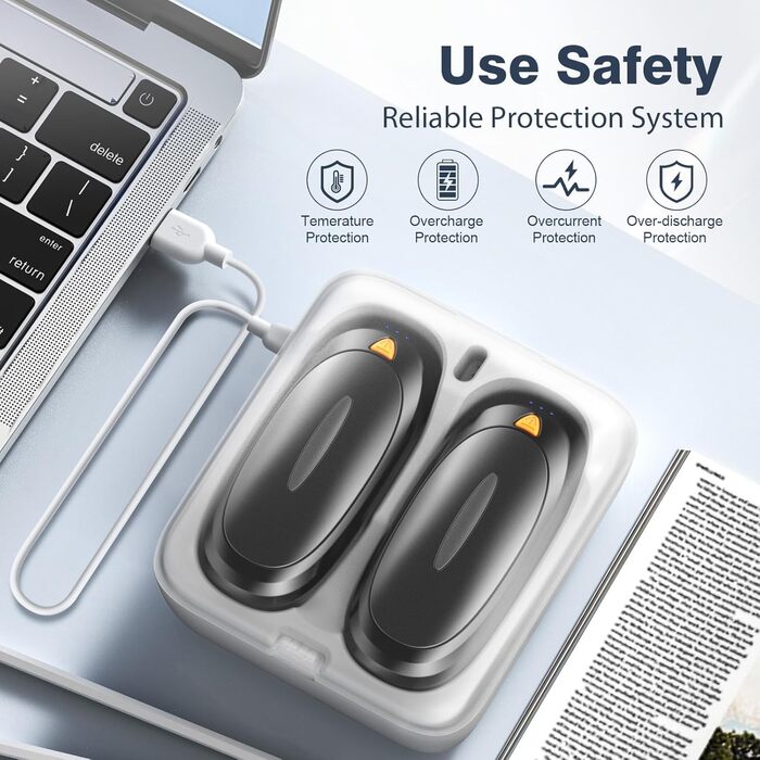 Електричні грілки для рук 2 шт. 4000mAh з зарядним кейсом 10000mAh, 3 режими нагріву, USB-C, для катання на лижах, кемпінгу, подарунок (Чорний)