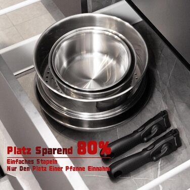 Набір каструль та сковорідок ROYDX з нержавіючої сталі 18/10 з знімними ручками, індукційне дно, стік, з кришкою, без PTFE PFOA, 10 предметів, придатний для миття в посудомийній машині та духовці