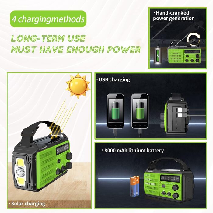 Портативне радіо Feegar Oze 3 Pro з сонячною панеллю та ручним приводом, радіо для надзвичайних ситуацій з AM/FM, 8000mAh, ліхтарик, датчик руху, USB-зарядний пристрій, SOS-сигнал, для кемпінгу