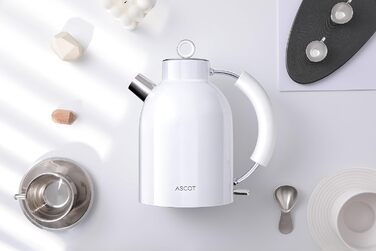 Електричний чайник ASCOT з нержавіючої сталі, 1,5 л, бездротовий, з функцією автоматичного відключення та захистом від сухого кипіння (білий)