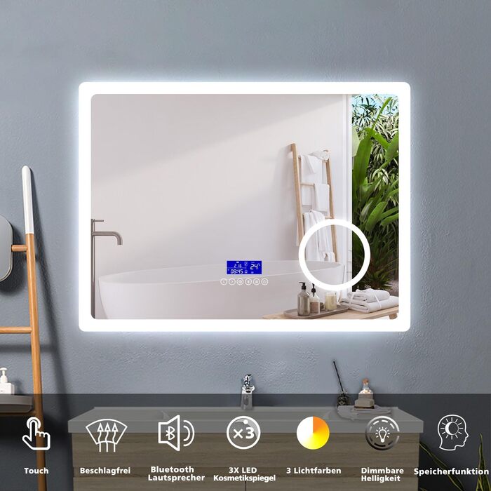 Дзеркало для ванної кімнати з підсвічуванням, 3 кольори, регулювання яскравості, пам'ять, 70x50 см, LED, сенсорне, запобігання запотіванню, енергозберігаюче, настінне дзеркало, Bluetooth, трьохкратне збільшення