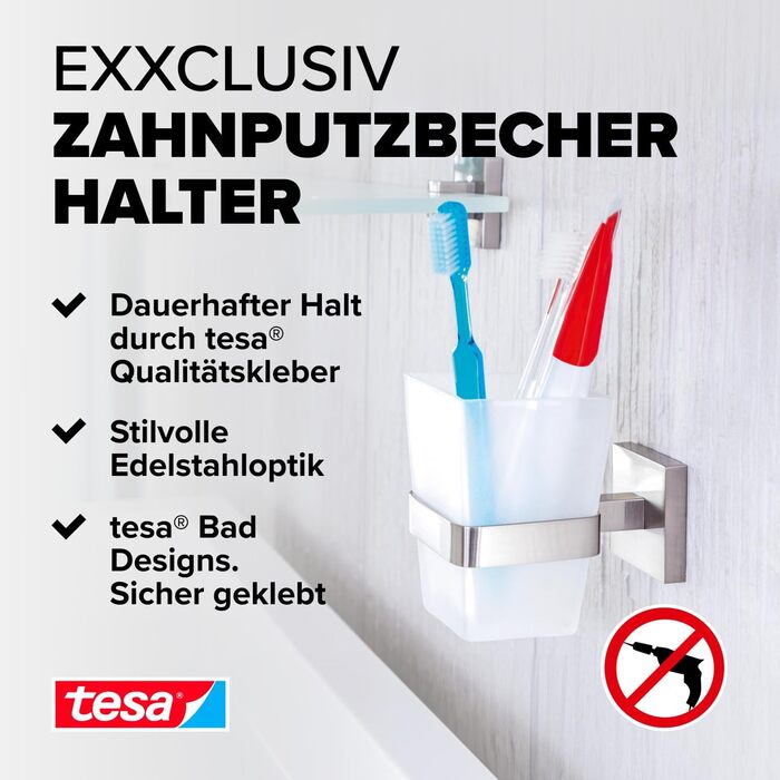 Тримач для зубних щіток tesa EXXCLUSIV хромований, для настінного монтажу без свердління (з клейовим рішенням), 160x99x45 мм