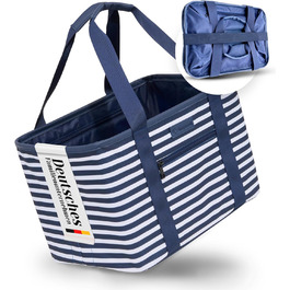 Foldable shopping basket in premium quality | Shopping bag with soft PU leather handle | ideal shopping basket with 30 liter capacity | sturdy & secure shopping bag (Blue/White Striped)