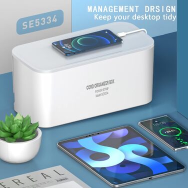 Клема з кабельною коробкою білого кольору, мережевий фільтр із 5 розетками та 3 USB-портами, органайзер для столу, коробка для кабелів з адаптером розеток, 29.5 * 14 * 14 см, кабель 2 м білий