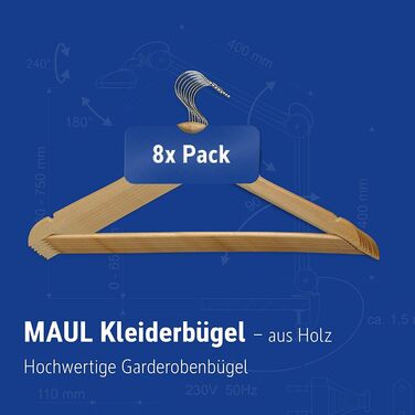 MAUL Wooden Clothes Hangers | Modern wooden hangers in a classic design | Sturdy and robust hangers for jackets, shirts and trousers made of beech wood | Natural | 8-piece set