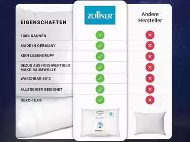 ZOLLNER 2-Pack Deluxe Down Pillow - Made in Germany – Suitable for allergy sufferers – Cover made of high-quality Mako cotton - washable up to 60°C - 40x80 cm - Hotel quality 40 x 80 cm 2-pack