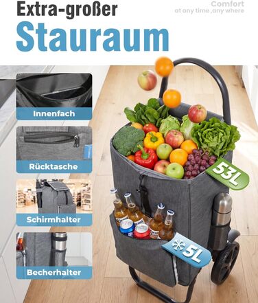 Складаний візок для покупок Homecall 50L з охолодженням, 3-в-1: візок, сумка-тележка, рюкзак (темно-сірий)