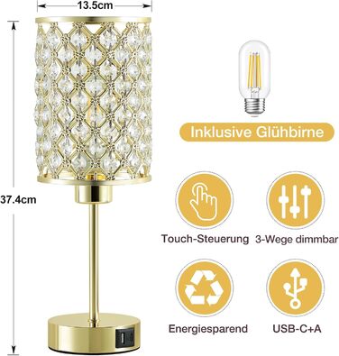 Кристалева лампа GyroVu Kristall для столу та приліжкові лампи з регулюванням яскравості, сенсорне керування, USB A+C порти, золотий колір, для вітальні та спальні (з лампочкою)
