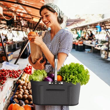 Складаний кошик для покупок на 30 літрів з 4 стійкими ніжками | Міцний кошик для перенесення та пікніків | Великий сімейний кошик (46x27x25 см) | З м'якими ручками | Для покупок, подорожей, кемпінгу (30л, сірий)
