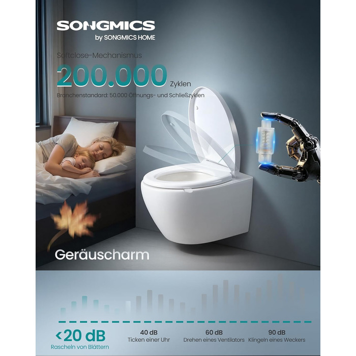 Сідіння для унітаза SONGMICS O-подібне з мікроліфтом (м'яке закривання), Urea-Duroplast, біле, швидкий монтаж, витримує до 300 кг, BTL101WZ01