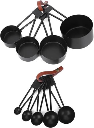 Qukaim Measuring Cup Set, 9-piece, black, stainless steel, including measuring spoons and scoops, kitchen and baking accessories, easy-to-read scale