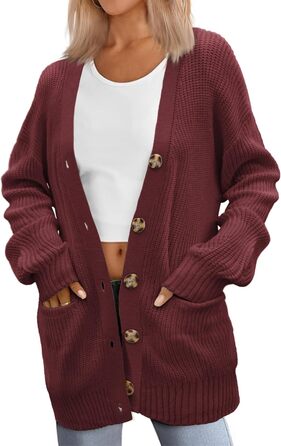 Жіноча в'язана жилетка Zeagoo з довгим рукавом, кардиган з ґудзиками, вільний V-подібний виріз, груба в'язка, повсякденна куртка для осені та зими (Бордовий, L)