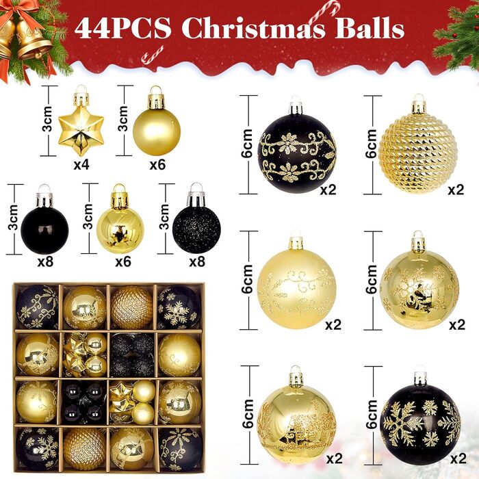 44 штуки новорічних кулі пластикові, прикраси для ялинки, набір кульок для ялинки, персоналізовані новорічні кулі білі та червоні, ялинковий декор, новорічний декор для дому та вулиці білий та червоний (золотий та чорний)