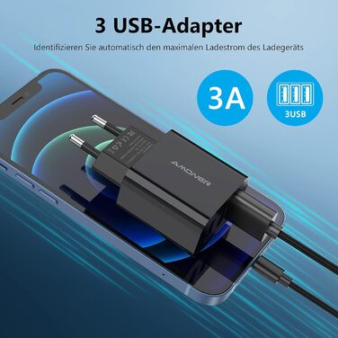 Мережевий адаптер Amoner USB 3-портовий 15W, 2 шт. для iPhone 14/13/12/11/X/8 та інших пристроїв, чорний