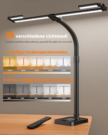 Стільна настільна LED-лампа 24W з регулюванням яскравості та 4-сегментним гнучким світильником, чорна