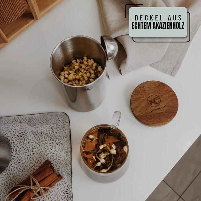 Контейнер для кави KC Kitchen & Co. з ложкою, 700 мл, срібляний, для кавових зерен, чаю, цукру, спецій (з повітряно-щільним акційним кришкою)