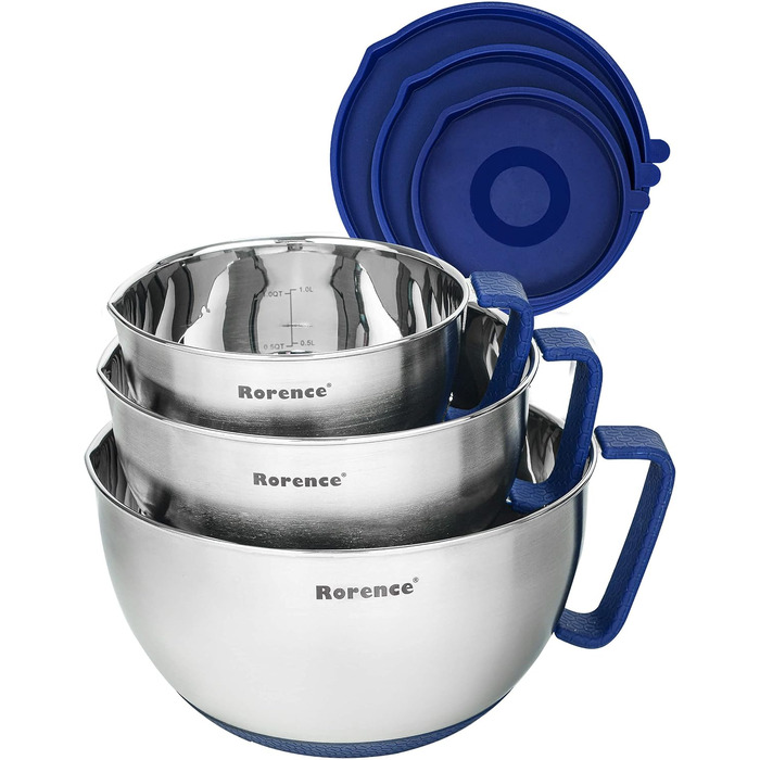 Rorence Stainless Steel Mixing Bowls with Pour Spout, Handle, and Lid, 3-Piece Set, Blue