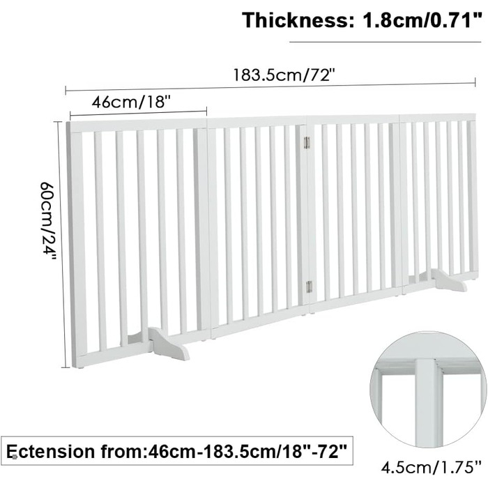 Захисне загородження для собак, дерев'яне, без свердління, 4 панелі, біле, 183x60 см