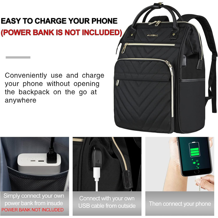 Рюкзак для ноутбука Vankean для жінок 15.6-16.2 дюймів з USB-портом, водонепроникний, для роботи/школи/подорожей, квітковий дизайн (стьобаний чорний)