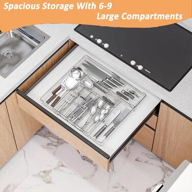 Органайзер для столових приборів ZHUlYIWIN в шухляду, прозорий пластиковий, з регульованими секціями та тримачами для ножів