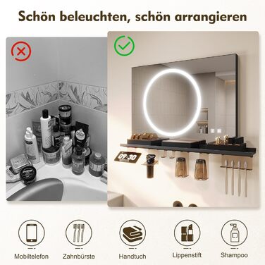 Дзеркало для ванної кімнати SONNI з підсвічуванням 120x60 см, 3 кольори світла, антизапар, годинник, температура, LED, сенсорне управління, білий