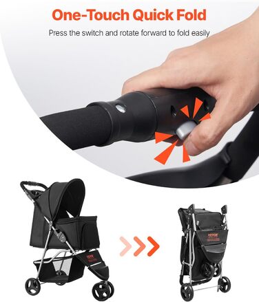 VEVOR 3-Wheel Pet Stroller - Dog & Cat Buggy, 16kg Capacity, Foldable with Cup Holders & Brakes