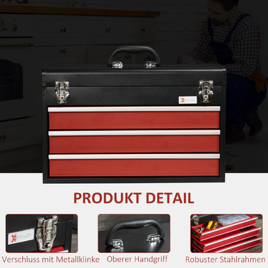 DURHAND Tool Case Practical Tool Box without Tools 3 Drawers with Handle Steel Lock Black Red