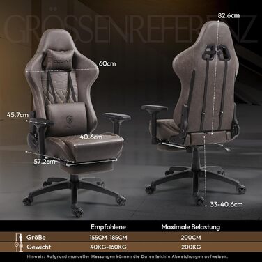 Ігровий крісло Dowinx з PU шкіри, масажна поперекова підтримка та підніжка, регулювання 90°-170°, до 200 кг, для дому та геймінгу (колір: коричневий, 4D)