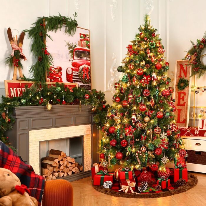 Набір прикрас на ялинку Shareconn 135 шт. - міцні ялинкові кулі з мотузкою, різні розміри та кольори (червоний, зелений, золотий) для декору ялинки в приміщенні та на вулиці