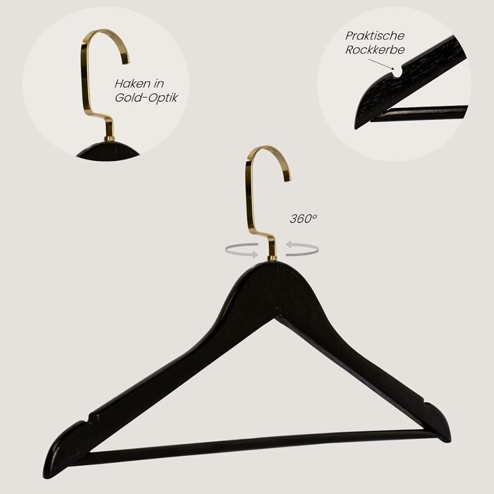 Набір дерев'яних вішаків для одягу RSR-Hangers (10 шт), 44.5 см, з перекладиною для штанів та поворотним золотистим гачком, чорні