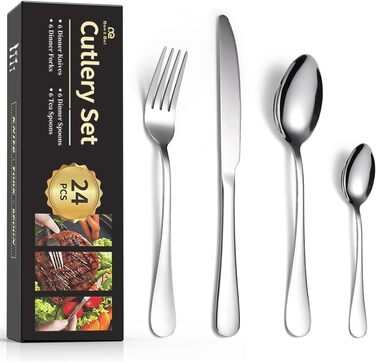 Набір столових приборів Ben & Bel на 24 штуки (6 осіб) з нержавіючої сталі: ніж, виделка, ложка. Подарункова коробка, легко миється, підходить для миття в посудомийній машині.