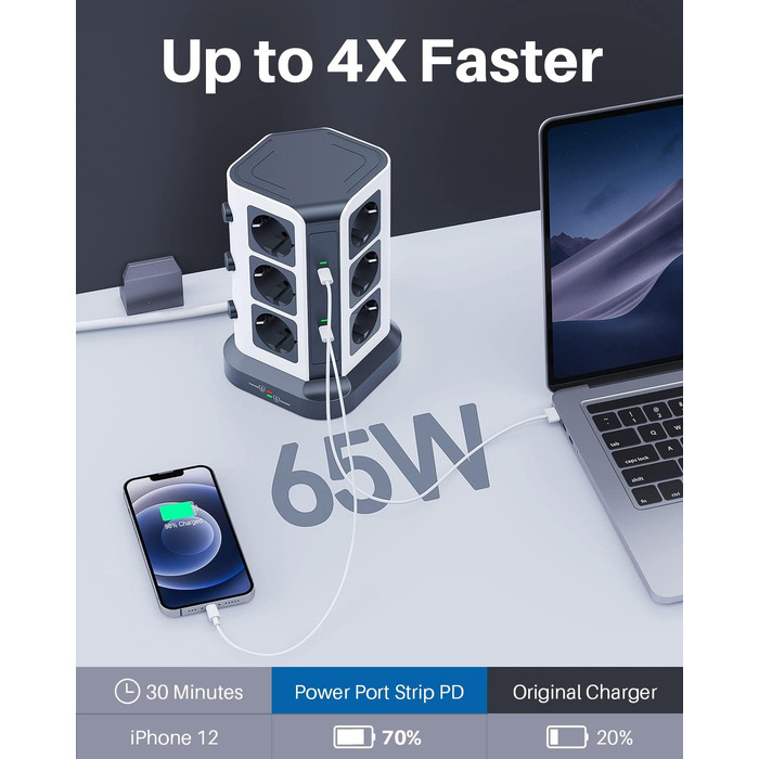 Блок розеток KOOSLA з USB-C, 12 розеток, 3680W/16A, захист від перенапруги (1500J), індивідуальне вмикання, сірий колір, 5м кабель, 65W PD USB-C, 2м