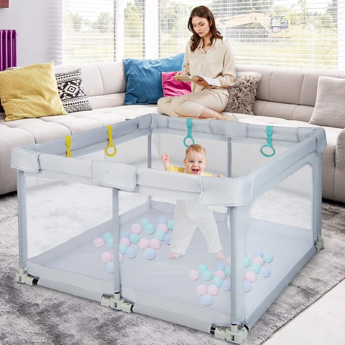 DREAMADE Playpen Baby, 126 x 126 cm Playard Folding with 50 Play Balls & 4 Pull Rings, Safety Net with Breathable Mesh & Zipper (Light Grey)