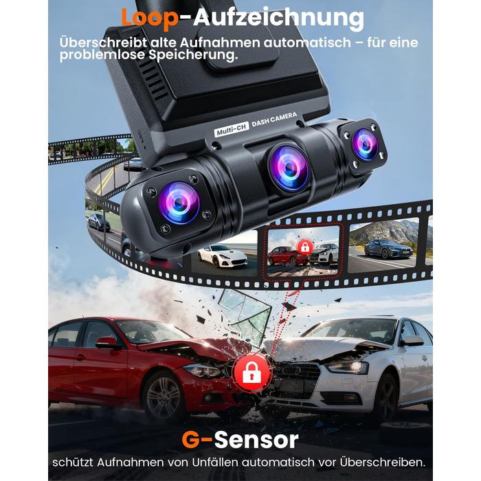 Автомобільний відеореєстратор 360° 4-канальний 2K+1080P, бездротовий з Wi-Fi та додатком, G-сенсором, 8 ІЧ-LED для нічної зйомки, карта пам'яті 128GB у комплекті