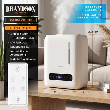 Зволожувач повітря Brandson 4 л з пульт дистанційного керування, ультразвуковий, LED-дисплей, 3 режими, аромадифузор, функція дезінфекції, нічний режим, для спальні та дитячої кімнати