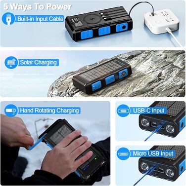 Сонячний Power Bank 26800 mAh з ручкою та 4 кабелями, USB-C, 7 виходів, 4 входи, для телефону, Outdoor, водонепроникний, зовнішній акумулятор для кемпінгу (Синій)