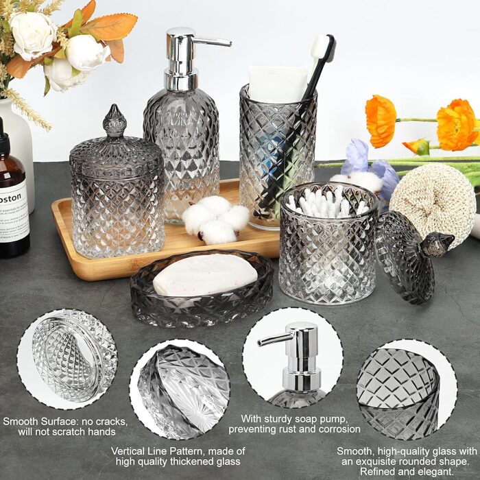 Набір аксесуарів для ванної кімнати зі скла (5 шт.) - чорний: мильниця, диспенсер для мила, тримач для зубних щіток, контейнер для ватних паличок, стакан