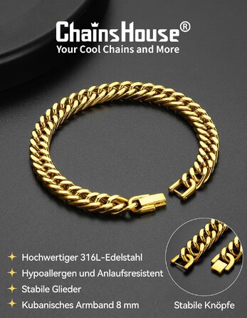 Чоловічий сталевий браслет ChainsHouse Panzer (ланцюг) сріблястий/чорний/золотий, ширина 8мм, довжина 23см — стильний хіп-хоп аксесуар у подарунковій коробці