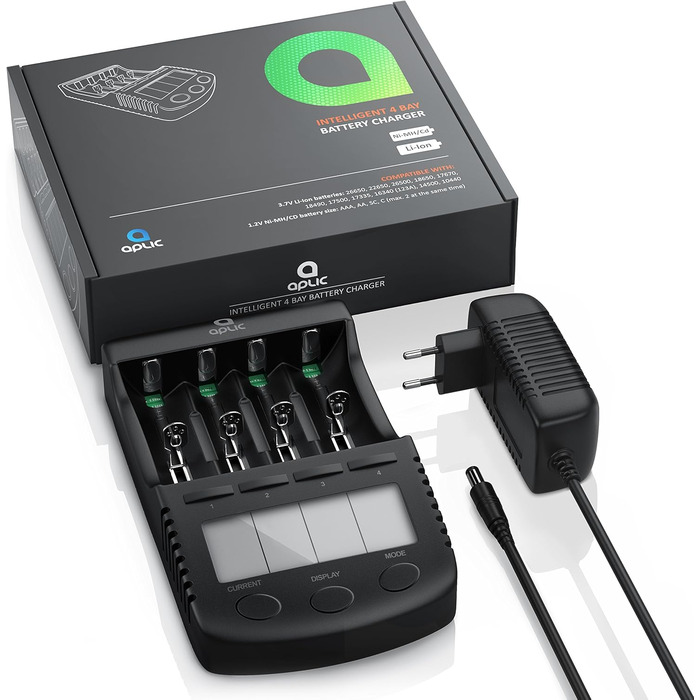 Зарядний пристрій CSL для акумуляторів AA, AAA, 18650 з LCD-дисплеєм та USB-портом