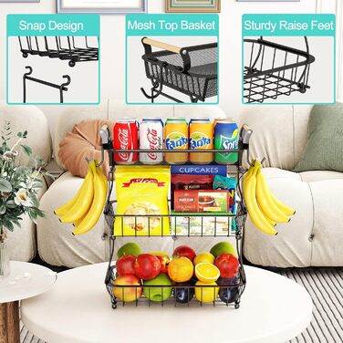 3-Tier Fruit Basket with 2 Banana Hangers for Kitchen Countertop, Vegetable Counter, Storage Holder, Large Capacity, Metal Wire, Fruit Stand, Organizer for Onion, Snack, Black