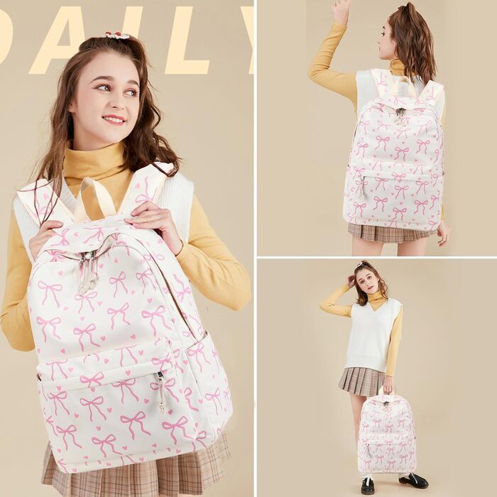 Шкільний рюкзак LOIDOU для дівчаток та хлопчиків підліткового віку. Легкий, водонепроникний, для школи, подорожей, коледжу. Колір: коричнево-білий у клітинку (рожева зав'язка).