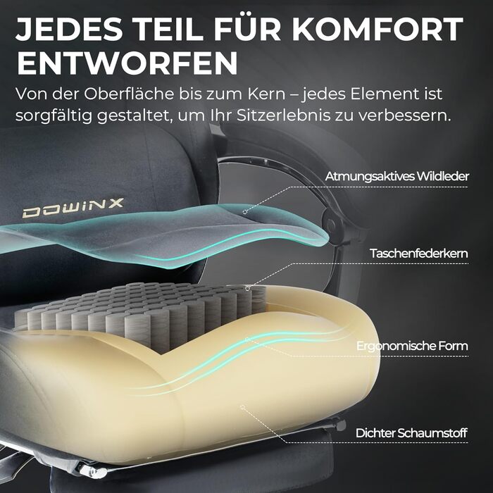 Ігровий крісло Dowinx з ергономічною підтримкою попереку, мікрофіброю велюром, товстим сидінням, висувною підніжкою, регульованими підлокітниками, нахилом 160°, сірий/темно-сірий колір