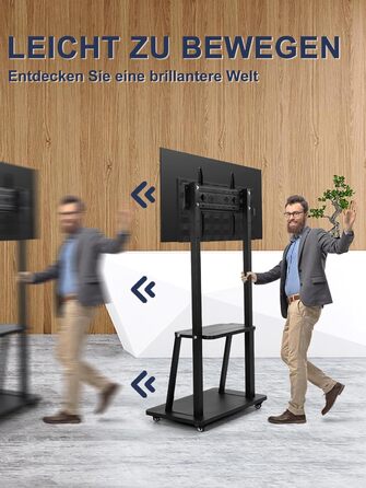 Підставка для телевізора на колесах, мобільний телевізійний візок для 32-75 дюймів LED/LCD/OLED, регульована по висоті, чорна, з полицями для ноутбука та DVD