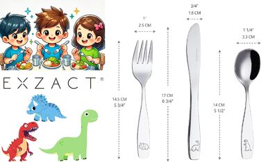 Набір дитячого столового приладдя EXZACT Kinderbesteck Set 18-ти частинний з нержавіючої сталі, від 2 років, безпечні ножі, 6 виделок, 6 ножів, 6 ложок (Dino X 18)